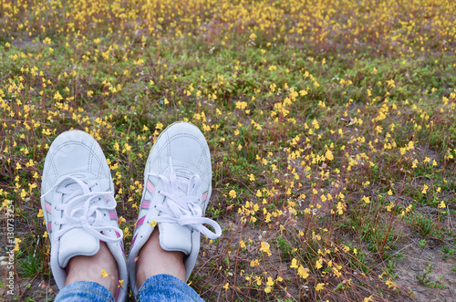 White sneakers on the grass and yellow flowers. 