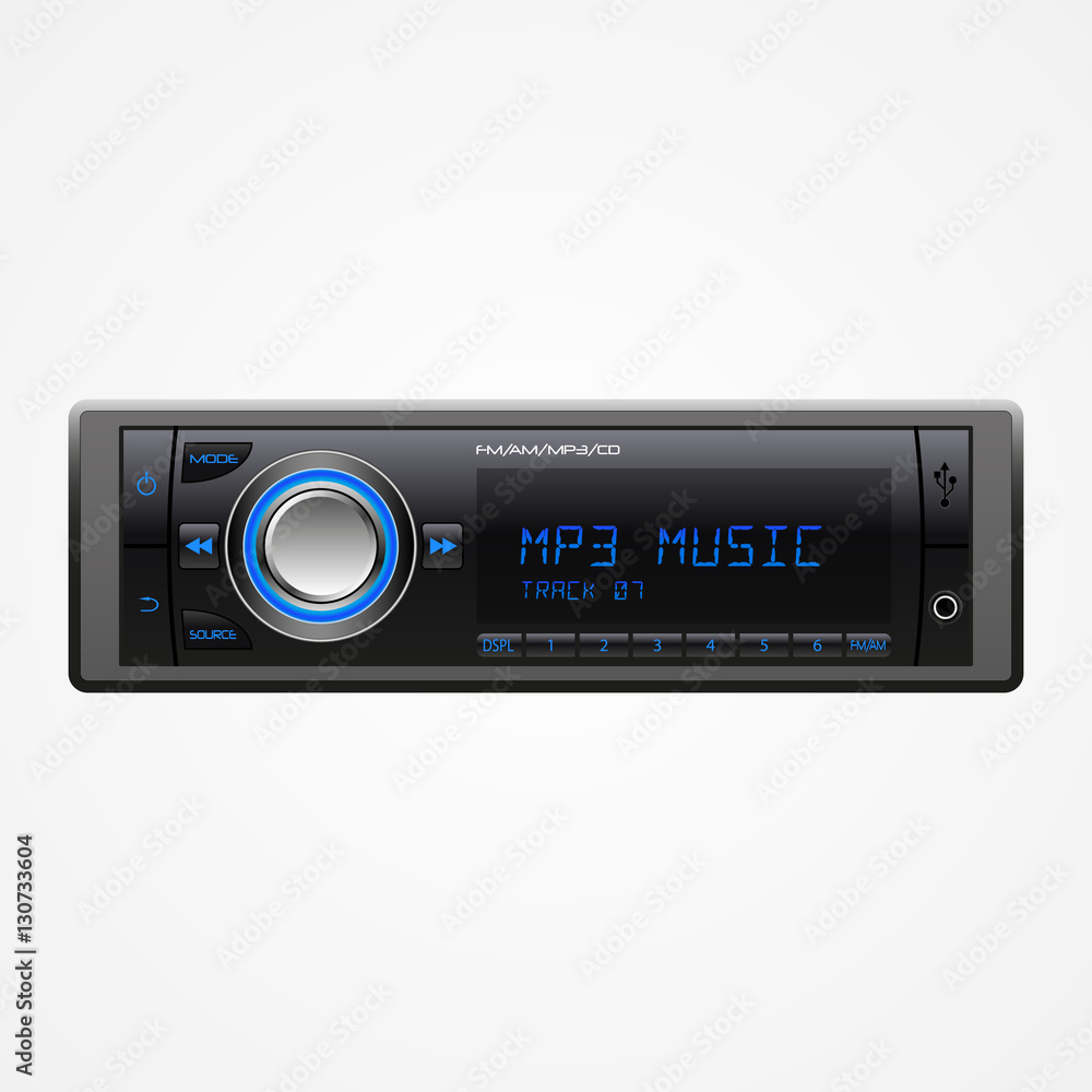 Realistic Car Audio Player. Vector illustration, isolated on white Realistic Car Audio Player. Vector illustration, isolated on white