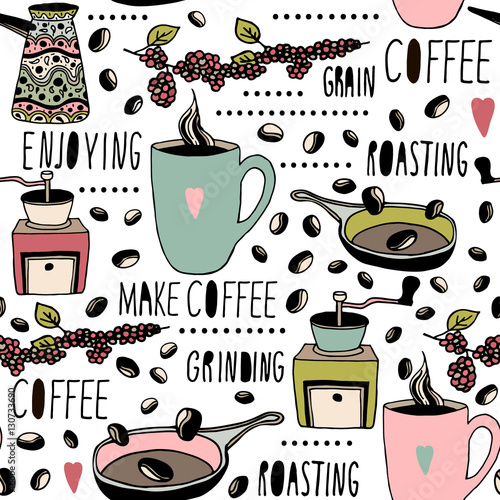 Seamless pattern with coffee objects. Hand drawn coffee texture. Perfect for kitchen textile, coffee packaging, etc.