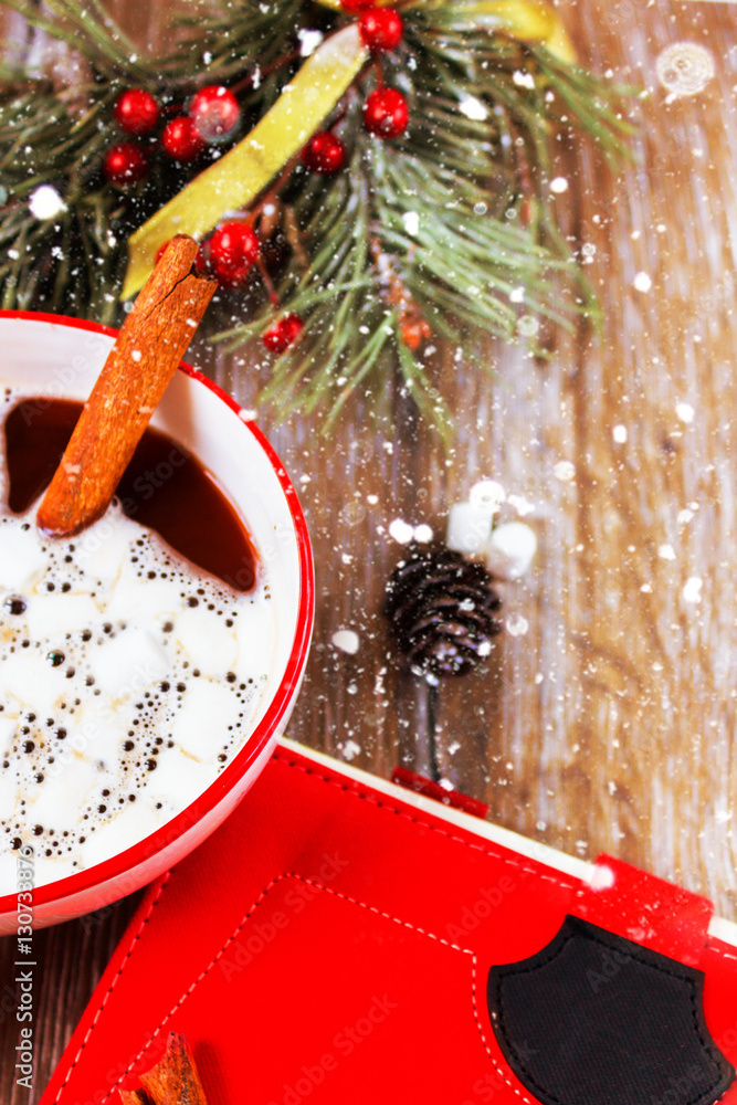 Hot chocolate with marshmallows. Christmas, New Year background Stock
