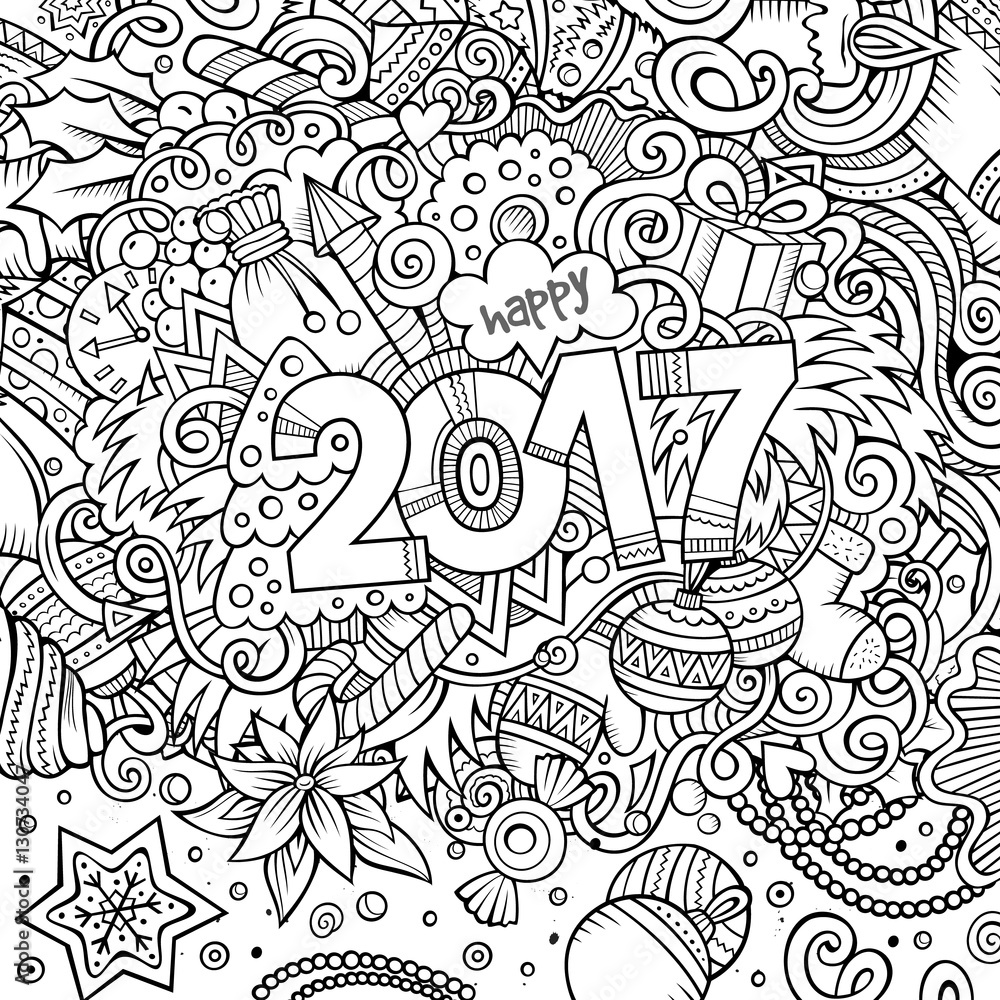 Cartoon cute doodles hand drawn New Year illustration