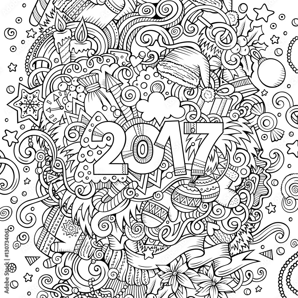 Fototapeta premium Cartoon cute doodles hand drawn New Year illustration