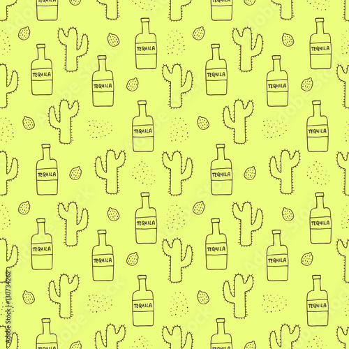 Seamless pattern tequila  cactus and limes. Hand drawing doodles vector illustration.