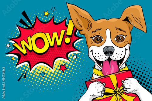 Wow pop art dog. Funny surprised dog with open mouth and gift box in his paws and Wow speech bubble. Vector colorful illustration in retro comic style.