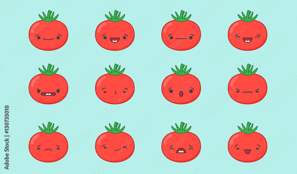 Set of vector kawaii tomato emoticons. Isolated on light blue background. Set of vector kawaii tomato emoticons. Isolated on light blue background.