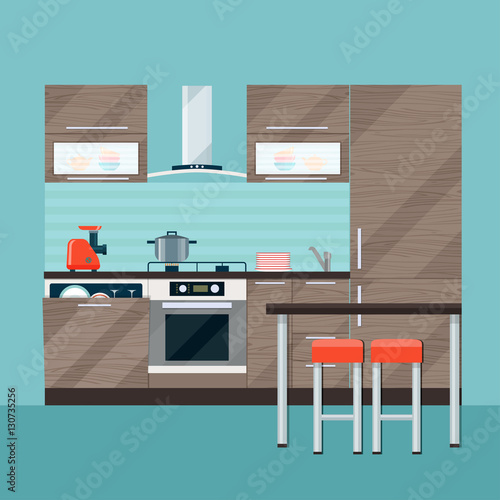 Modern kitchen interior and dining room. Vector flat illustration