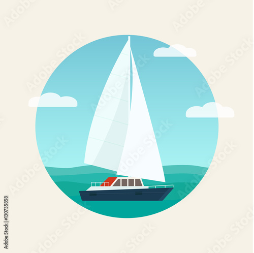 Beautiful Seascape with Yacht in Blue Sea. Vector flat illustration.
