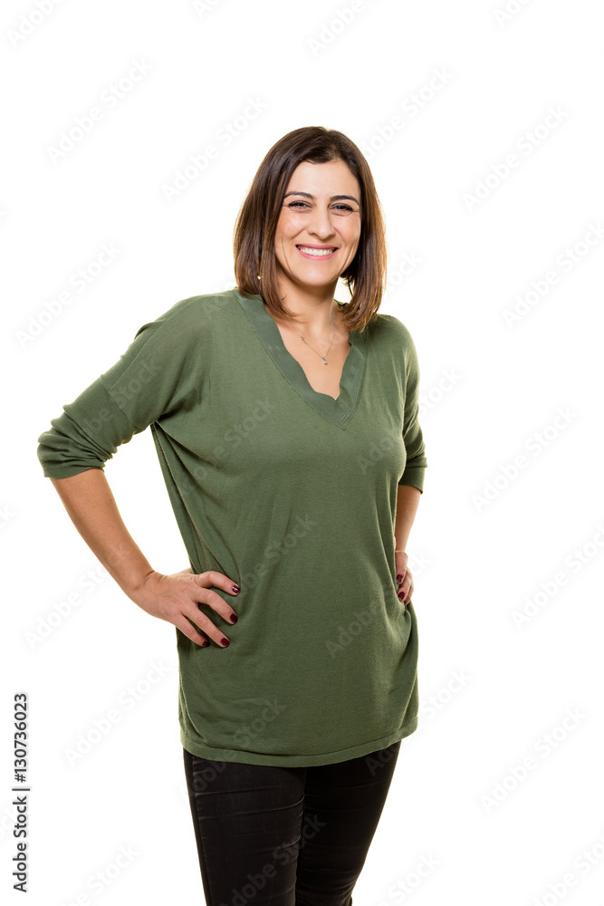 Happy young woman posing on white background. Happy young woman posing on white background.