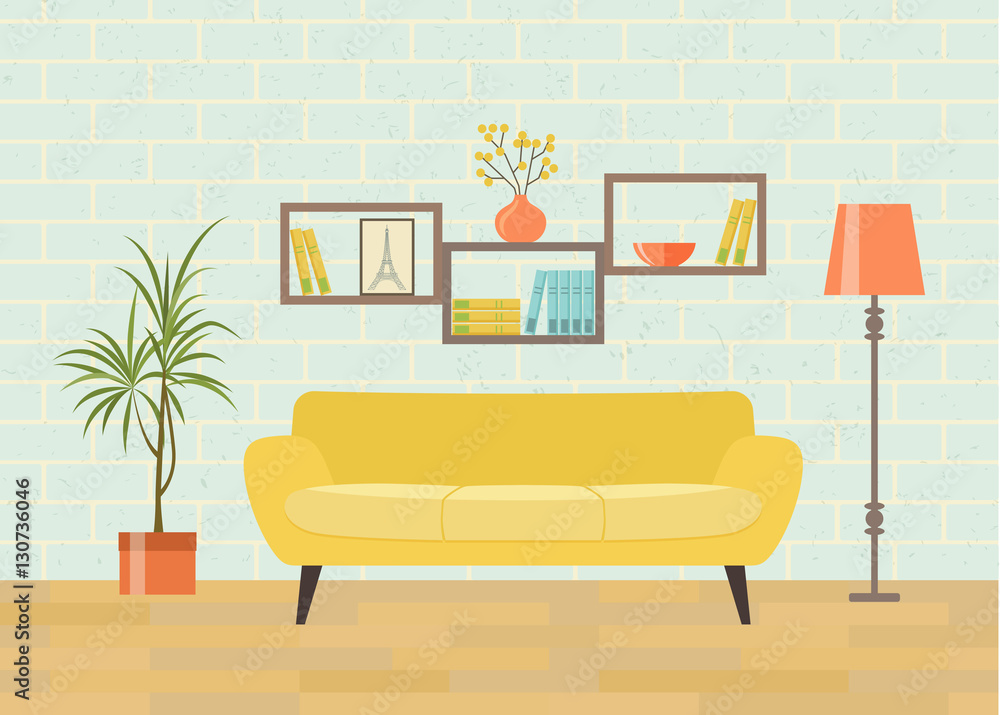 Retro interior living room with bookcase,sofa, houseplant. Vector flat ...