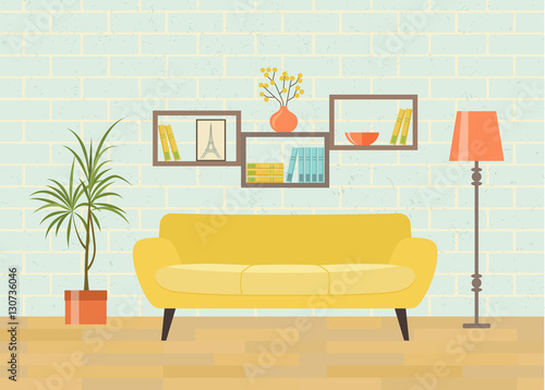 Retro interior living room with bookcase,sofa, houseplant. Vector flat illustration
