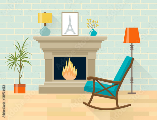 Living room interior with rocking chair and fireplace. Flat style vector illustration