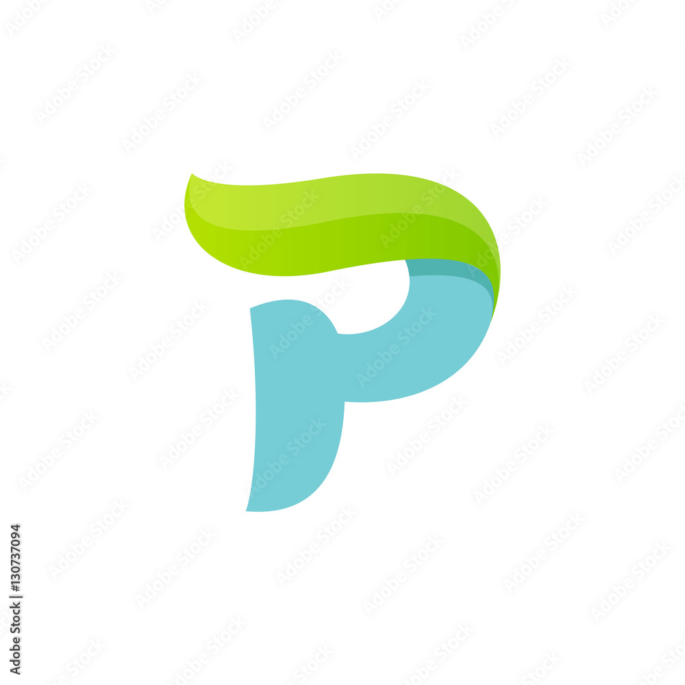 P letter logo with green leaf.