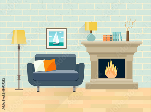 Interior living room. Fireplace and chair. Vector flat illustration