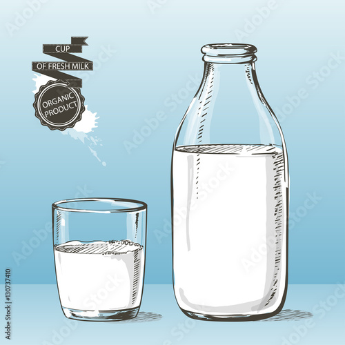 bottle and glass with milk vector sketch