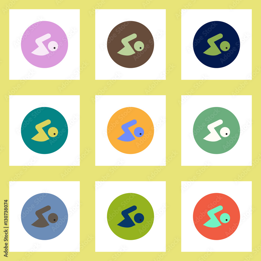 Collection of stylish vector icons in colorful circles man swimmer