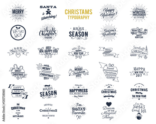 Big Christmas bundle - typography wishes, funny badges, holiday icons and other elements. New Year 2017 lettering, sayings  vintage labels. Season's greetings calligraphy. Stock Vector isolated