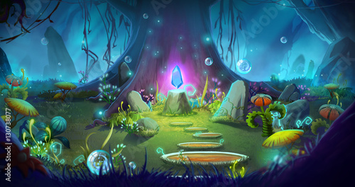 Fantasy and Magical Forest. Video Game's Digital CG Artwork, Concept Illustration, Realistic Cartoon Style Background 