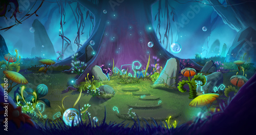 Fantastic and Magical Forest. Video Game's Digital CG Artwork, Concept Illustration, Realistic Cartoon Style Background
