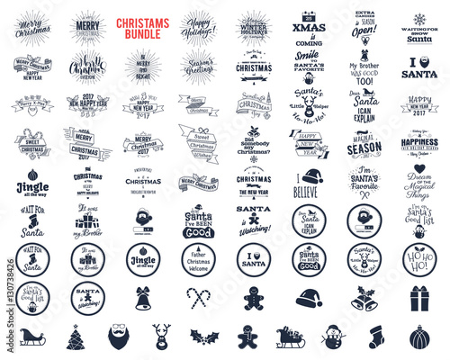 Big Christmas bundle - typography wishes, funny badges, holiday icons and other elements. New Year 2017 lettering, sayings  vintage labels. Season's greetings calligraphy. Vector isolated