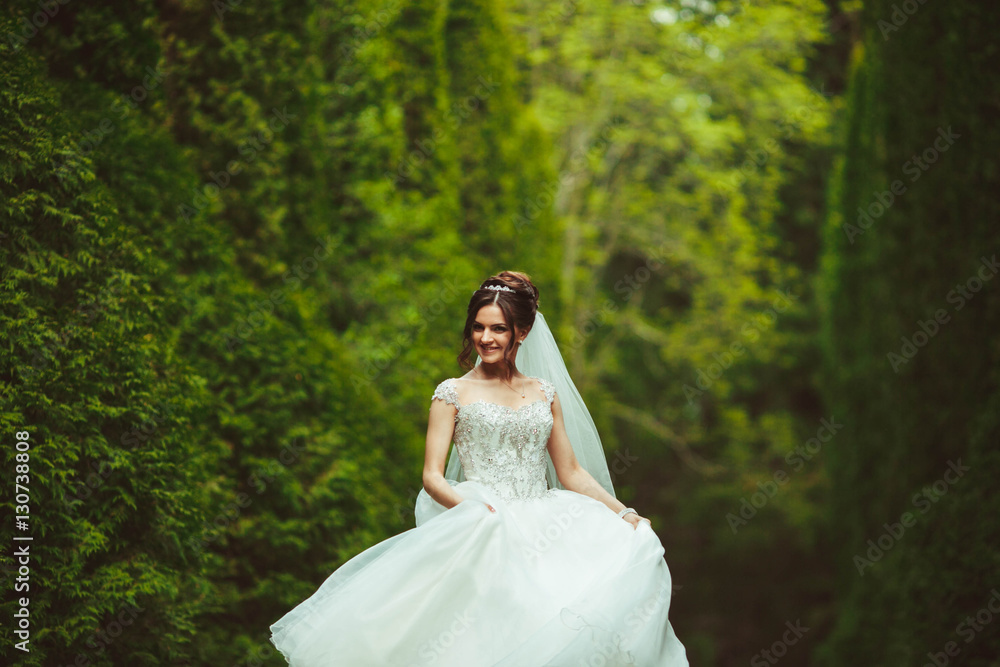 young and beautiful bride in white dress standing in the park young and beautiful bride in white dress standing in the park