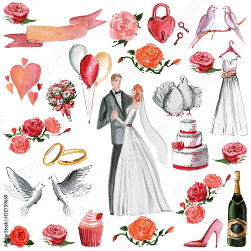 Watercolor wedding pattern Groom, bride, hearts, invitation