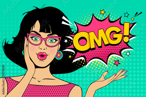 Wow pop art female face. Sexy surprised young woman in glasses with open mouth and black hair and OMG! speech bubble. Vector bright background in pop art retro comic style.