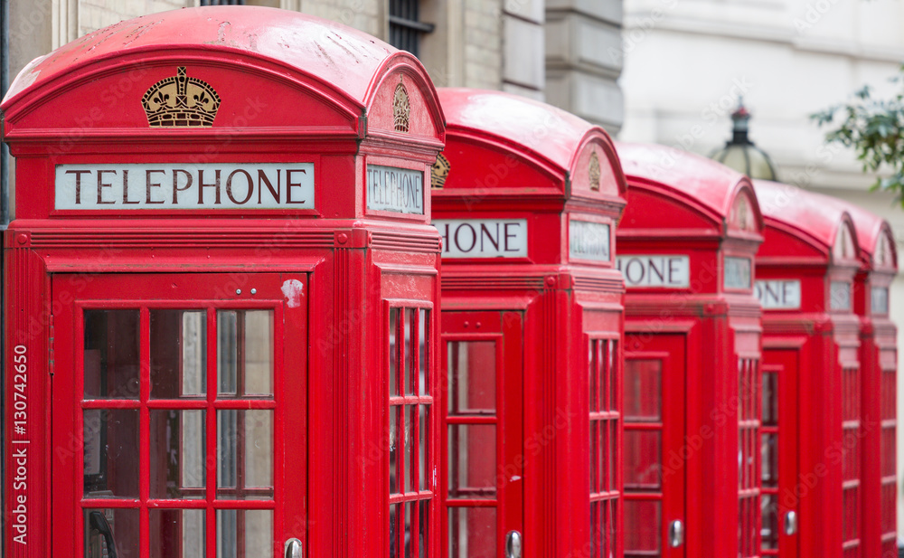 Five Red London Telephone boxes all in a row Five Red London Telephone boxes all in a row