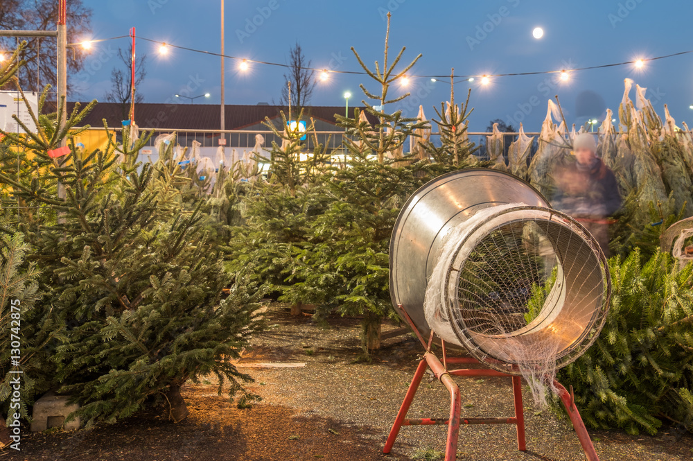 Naklejka premium Weihnachtsbaum Verkauf während der Nacht