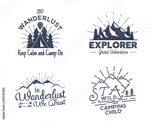 Set of outdoors activity badges. Retro illustration outdoor labels. Typography and roughen style. Vector logo with letterpress effect. Custom quotes. Inspirational texts. Monochrome design