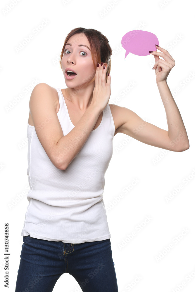 Girl in singlet posing with thinking cloud. Close up. White background Girl in singlet posing with thinking cloud. Close up. White background