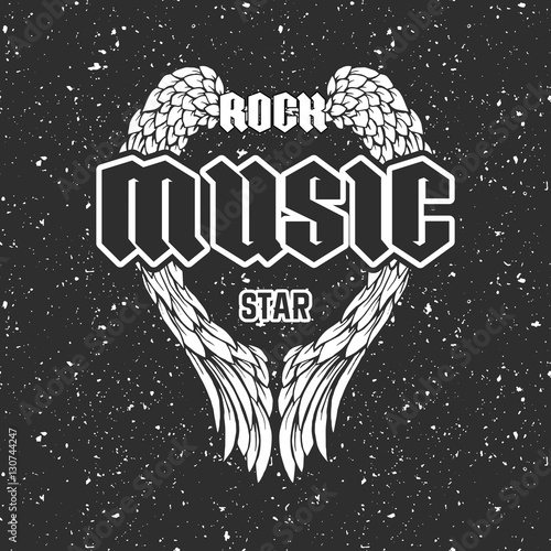 Retro t-shirt print or music disk cover with angel wings and grunge texture. Vector illustration with text Rock music star