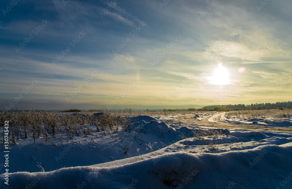 Snow field in winter sunny day