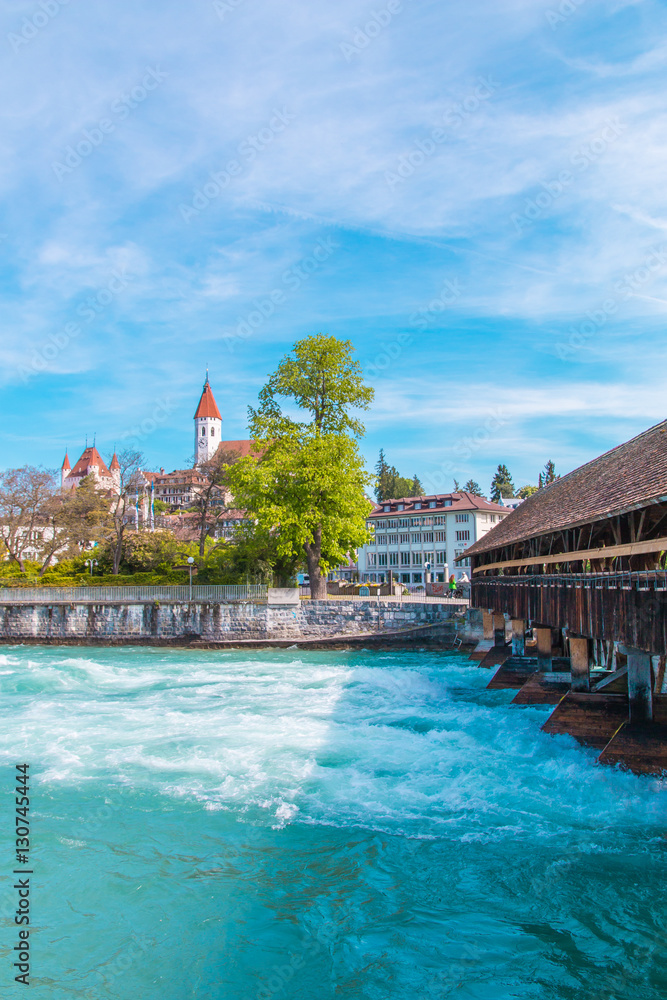 The city center of Thun, Switzerland with old covered  wooden br