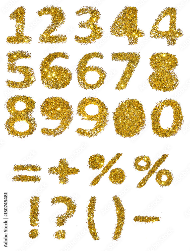 Numbers and mathematical symbols of golden glitter on white background Numbers and mathematical symbols of golden glitter on white background