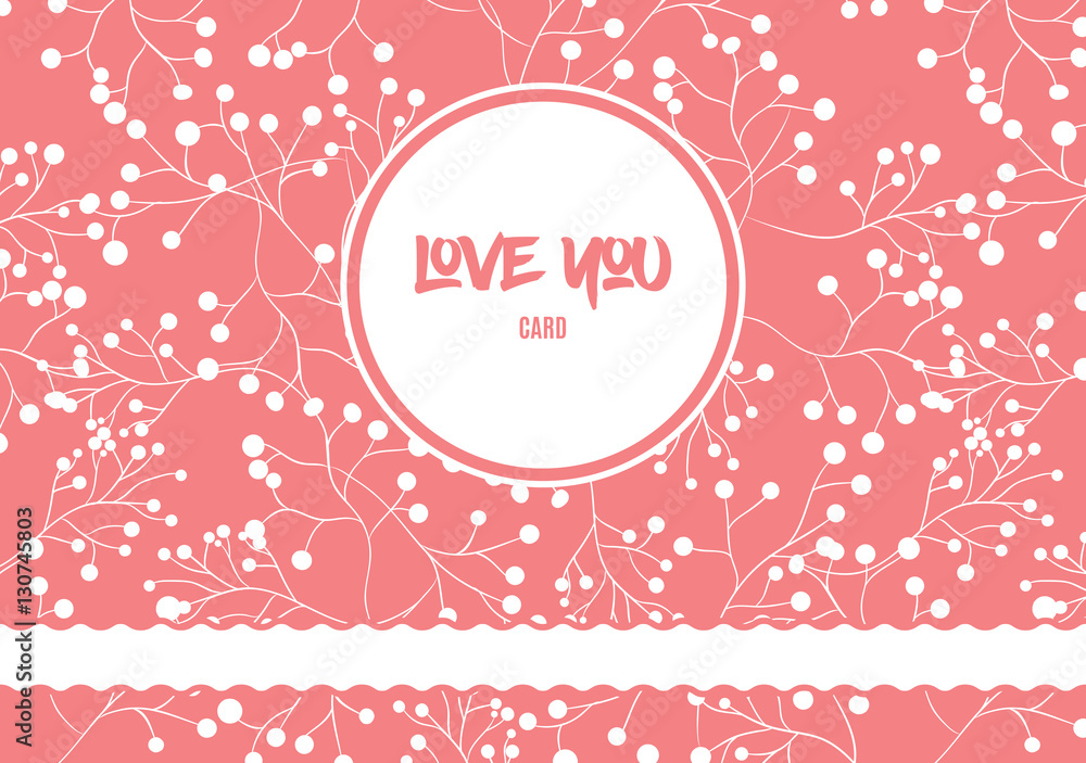 Pink romantic patterned poster for Valentines Day holiday. Ribbon or strip and circle with inscription