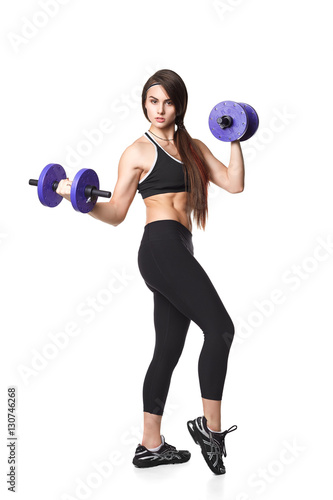 Athletic fitness woman helthy sport isolated white background black clothes with dumbbells