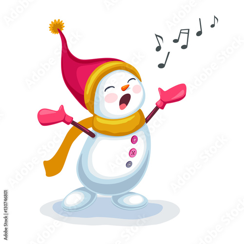 Cute snowman singing a song isolated on white background