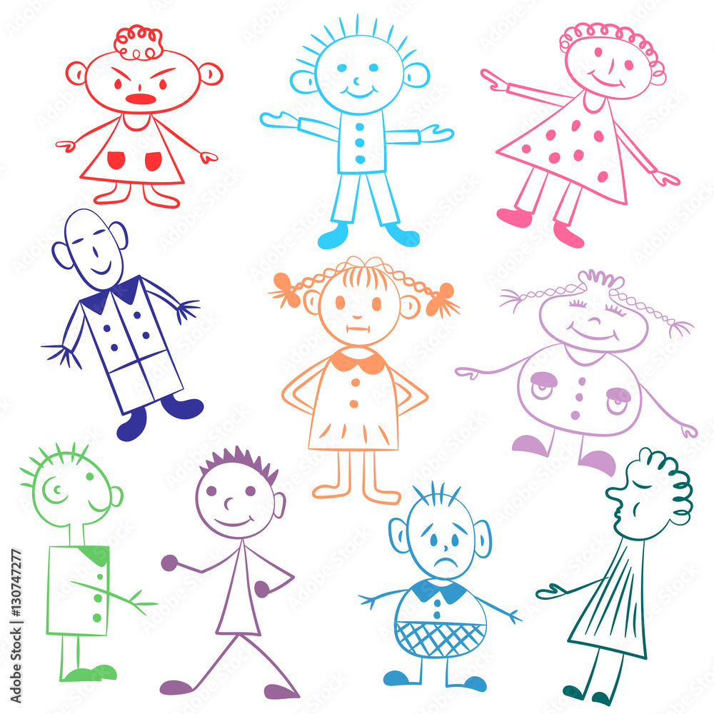 Set of ten cute kids.Colorful Funny children drawings. Sketch style. Vector illustration. Set of ten cute kids.Colorful Funny children drawings. Sketch style. Vector illustration.