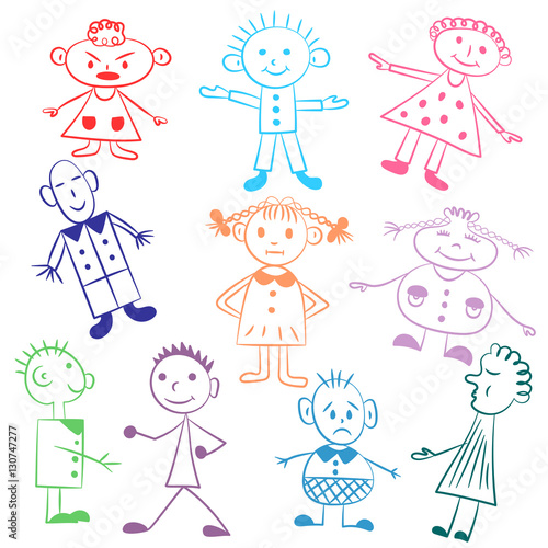Set of ten cute kids.Colorful  Funny children drawings. Sketch style. Vector illustration.