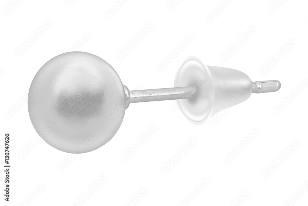 Close-up on smal silver ball-shaped earring over white background