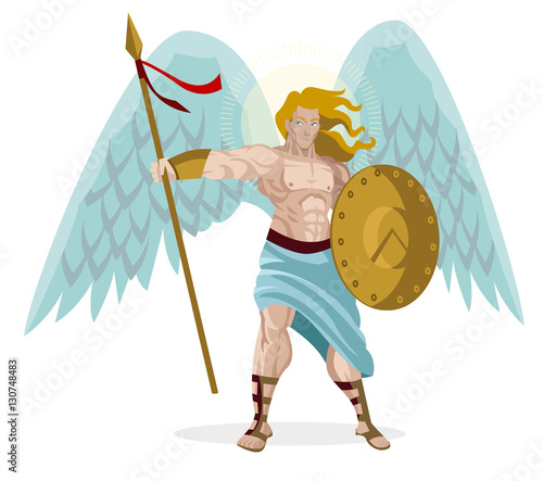 angel warrior with shield and spear and wings