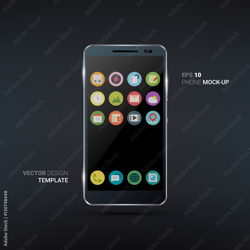 Shiny black smartphone with flat icon set. Realistic vector illustration Shiny black smartphone with flat icon set. Realistic vector illustration