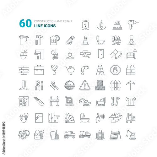 Construction and repair. Fully tunable thin outline icons. Vector set