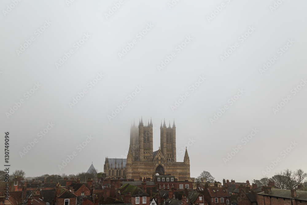 Wide view of Lincoln Cathedral, in the fog.