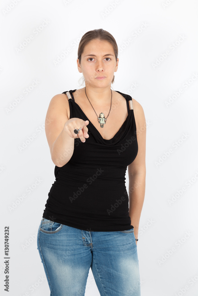 Beautiful woman doing different expressions in different sets of clothes: pointing