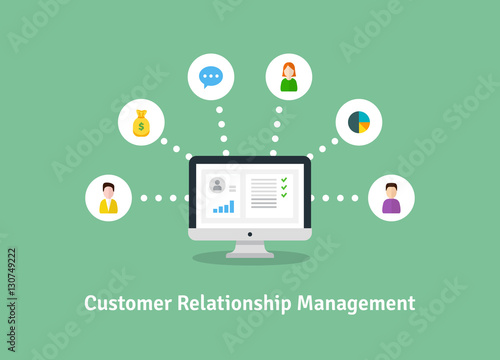 Organization of data on work with clients, CRM concept. Customer Relationship Management vector illustration.