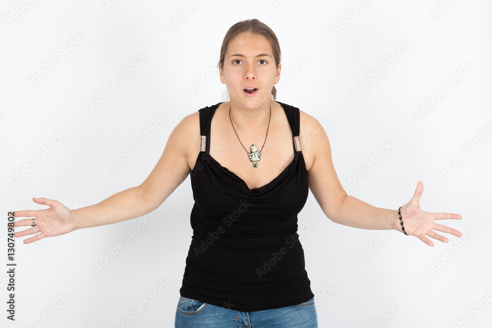 Beautiful woman doing different expressions in different sets of clothes: surprise Beautiful woman doing different expressions in different sets of clothes: surprise