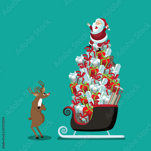 Angry reindeer facing down Santa Claus on a Christmas sleigh loaded with a huge, heavy stack of gifts. EPS 10 vector.