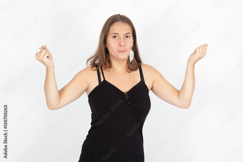 Beautiful woman doing different expressions in different sets of clothes: arms raised Beautiful woman doing different expressions in different sets of clothes: arms raised