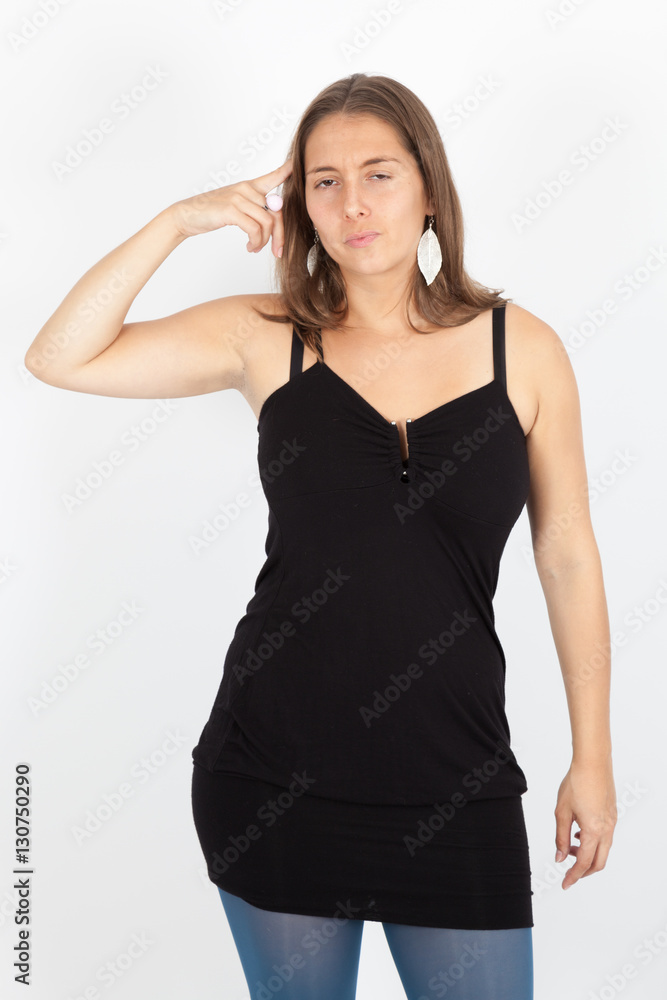 Beautiful woman doing different expressions in different sets of clothes: you are crazy Beautiful woman doing different expressions in different sets of clothes: you are crazy